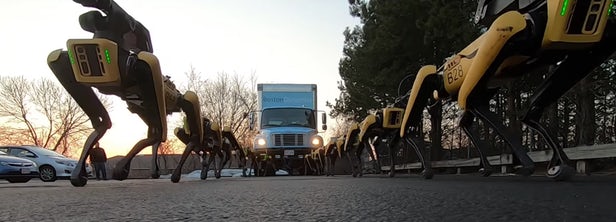 سگ های رباتیک بوستون داینامیک (SpotMini) در حال یدک کشیدن یک کامیون